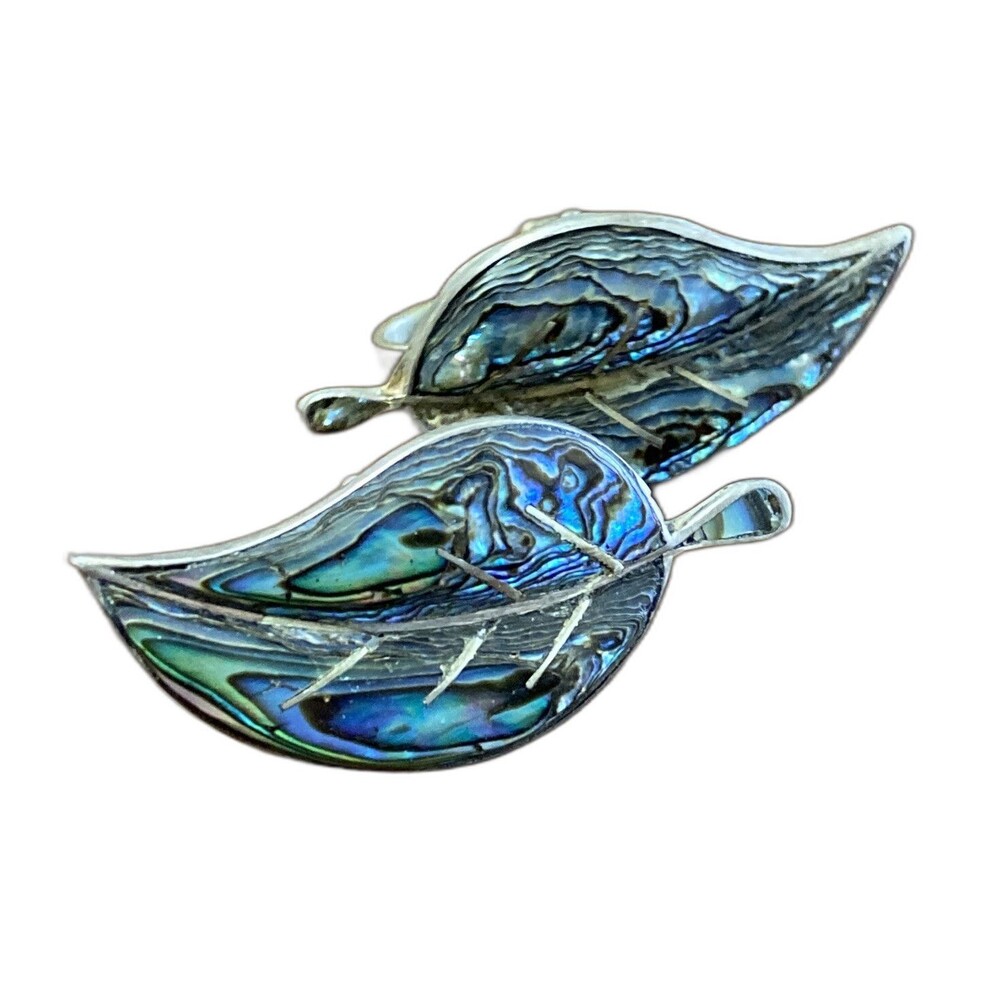 925 Sterling Silver Vintage Mexico Real Abalone Shell Leaf Screw Back Earrings